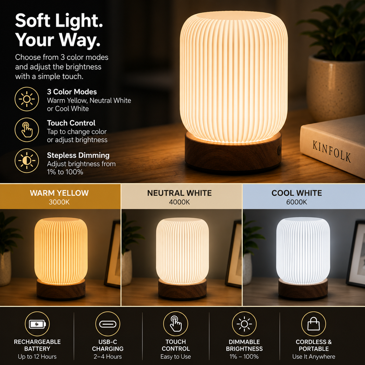 Pleated Touch Control Rechargeable Lamp