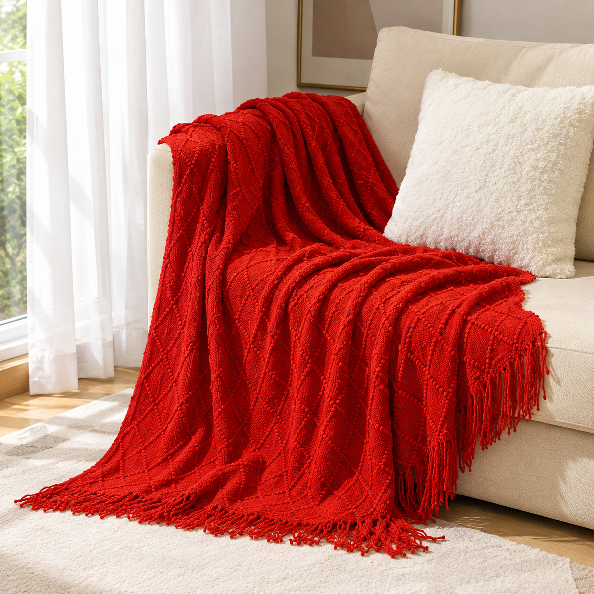 Knitted Tassel Throw Blanket