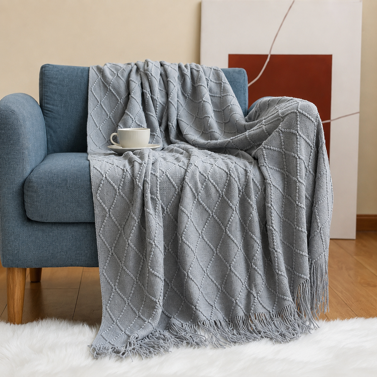 Knitted Tassel Throw Blanket