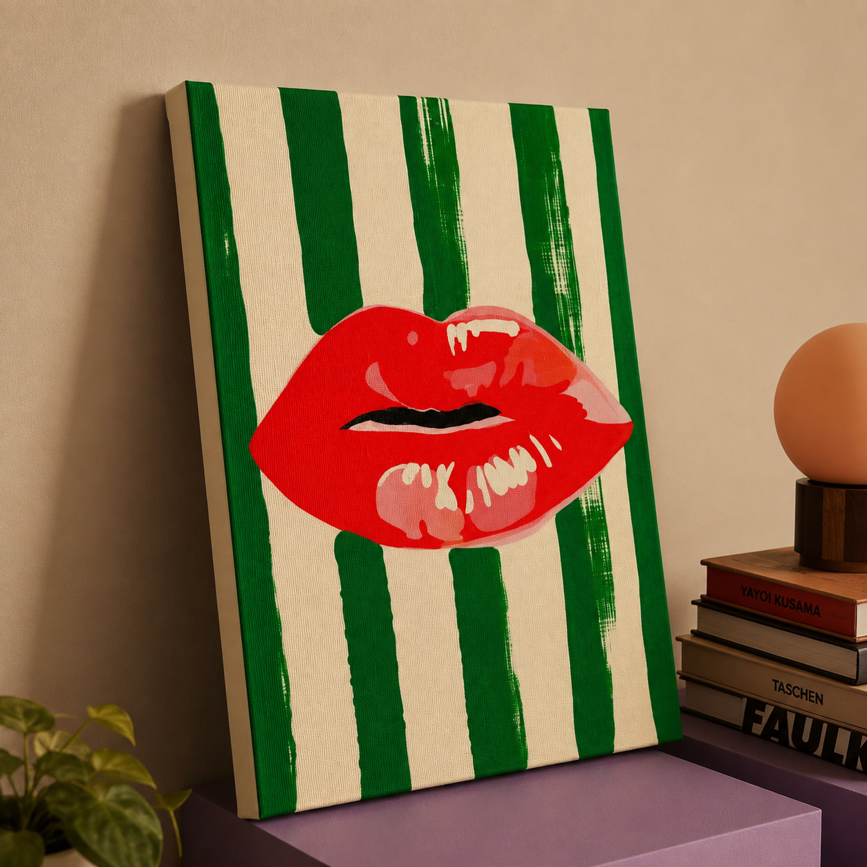 Red Lips Green Stripes Canvas Wall Art | Unframed