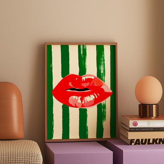 Red Lips Green Stripes Canvas Wall Art | Unframed